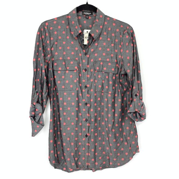 Express The City Shirt Womens Sz M Gray Red Polka Dot Print Button Front NEW - Picture 1 of 7